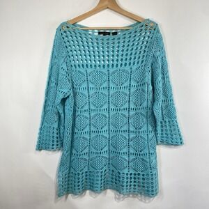 Jeanne Pierre Womens Aqua Blue Boho Crochet Cotton Sweater Size XL Resort Beach